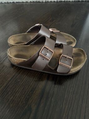 Birkenstock Arizona Double Strap Sandals in Dark Brown with Copper Buckles